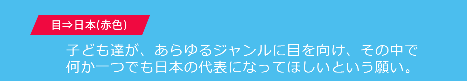 目⇒日本（赤色）：子ども達が、あらゆるジャンルに目を向け、その中で何か一つでも日本の代表になってほしいという願い。